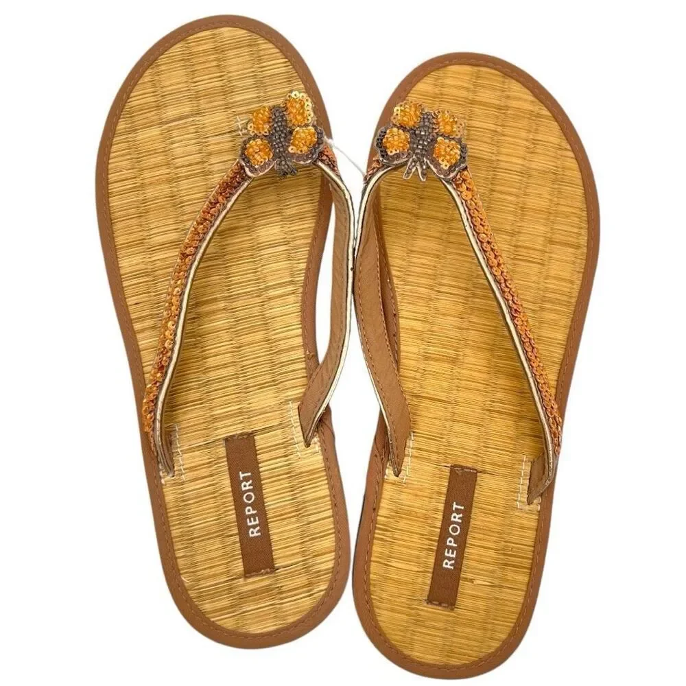 NWT REPORT Women's Katy Sequined Butterfly Flip Flop Sandals Bronze Size 9M